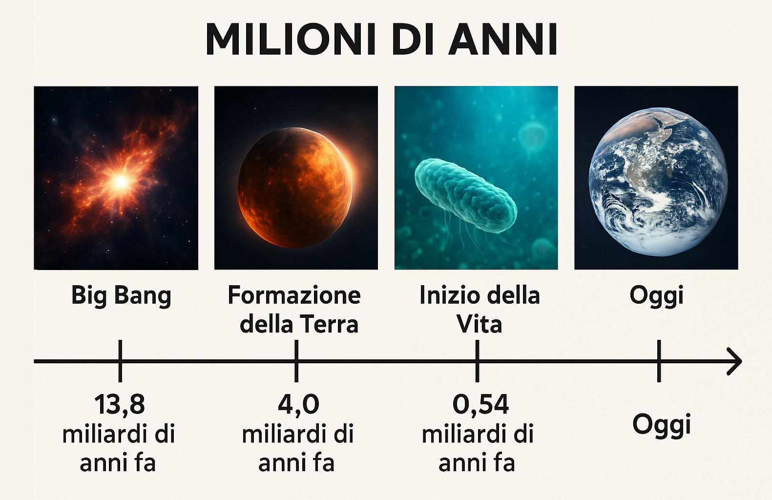 Linea del tempo cosmica dal Big Bang alla formazione della Terra, alla vita, alla neocorteccia e all’intelligenza artificiale